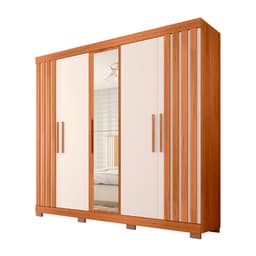 Guarda-Roupa Casal com Espelho Sophia 5 Portas 2 Gavetas Freijó e Off White