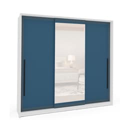 Guarda-Roupa Casal com Espelho Valência 3 Portas 4 Gavetas Branco e Azul