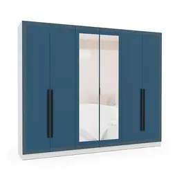 Guarda-Roupa Casal com Espelho Valência 6 Portas 4 Gavetas Branco e Azul