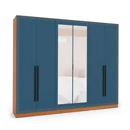Guarda-Roupa Casal com Espelho Valência 6 Portas 4 Gavetas Freijó e Azul