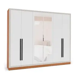 Guarda-Roupa Casal com Espelho Valência 6 Portas 4 Gavetas Freijó e Branco