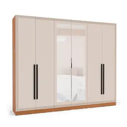 Guarda-Roupa Casal com Espelho Valência 6 Portas 4 Gavetas Freijó e Creme