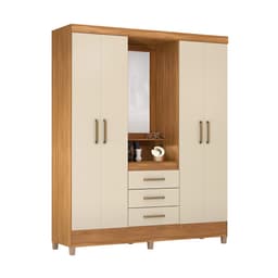 Guarda-Roupa Solteiro com Espelho Capelinha 4 Portas 3 Gavetas Amêndoa e Off White