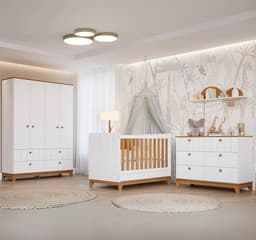 Quarto de Bebê Biscoito com Berço Minicama, Guarda-Roupa 4 PT 4 GV e Cômoda 6 GV Branco e Nature