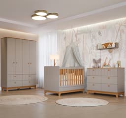 Quarto de Bebê Biscoito com Berço Minicama, Guarda-Roupa 4 PT 4 GV e Cômoda 6 GV Fendi e Nature