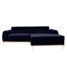 Sofá 3 Lugares Molino com Chaise Direito Veludo Azul Marinho e Dourado