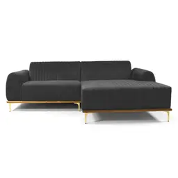 Sofá 3 Lugares Molino com Chaise Direito Veludo Cinza e Dourado