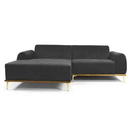 Sofá 3 Lugares Molino com Chaise Esquerdo Veludo Cinza e Dourado