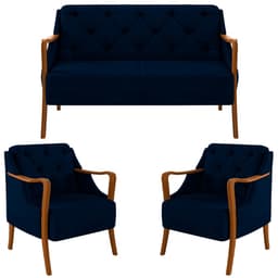 Kit Namoradeira 135cm e 2 Poltronas Decorativas Capitonê Lapa M22 Veludo Azul Marinho - Mpozenato