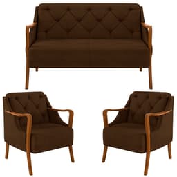 Kit Namoradeira 135cm e 2 Poltronas Decorativas Capitonê Lapa M22 Veludo Marrom - Mpozenato