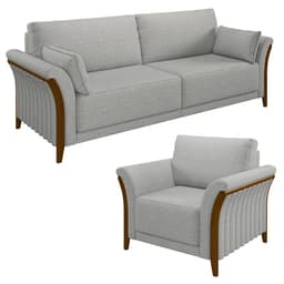 Kit Sofá Living 3 Lugares e Poltrona 102cm Pés Madeira Roya M22 Linho Cinza - Mpozenato