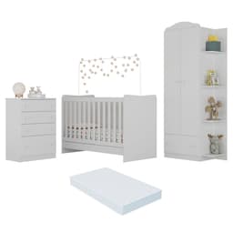 Quarto Infantil Completo João e Maria com berço 4 em 1 + colchão Multimóveis + Roupeiro e cômoda Bco