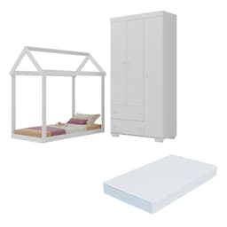Quarto Infantil com Cama Montessoriana/Colchão/Guarda-Roupas Algodão Doce Multimóveis MX4276 Branco