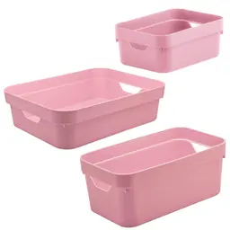 Conjunto 3 Caixas Organizadoras Multiuso Cesto Brinquedos Com Alça Rosa Quartzo