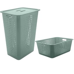 Conjunto Cesto Organizador Para Roupas Com Tampa E Caixa Organizadora Verde Eucalipto