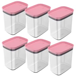 Kit 6 Potes Herméticos Retangulares Médios com Tampa 1,5L Porta Mantimentos Cozinha Rosa Quartzo