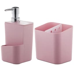 Kit Escorredor De Talheres E Dispenser Para Detergente Esponja Cozinha Rosa Quartzo