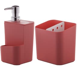 Kit Escorredor De Talheres E Dispenser Para Detergente Esponja Cozinha Vermelho
