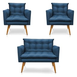Kit 2 Poltronas e Namoradeira 2 Lugares Olivia Suede Azul Marinho Pés Palito Castanho - Pallazio