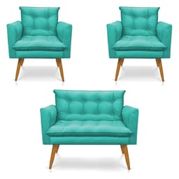 Kit 2 Poltronas e Namoradeira 2 Lugares Olivia Suede Azul Turquesa Pés Palito Castanho - Pallazio