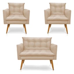 Kit 2 Poltronas e Namoradeira 2 Lugares Olivia Suede Bege Pés Palito Castanho - Pallazio