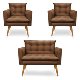 Kit 2 Poltronas e Namoradeira 2 Lugares Olivia Suede Marrom Pés Palito Castanho - Pallazio