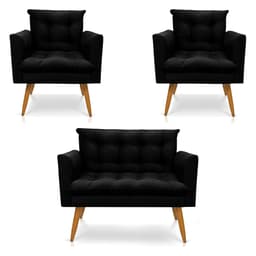 Kit 2 Poltronas e Namoradeira 2 Lugares Olivia Suede Preto Pés Palito Castanho - Pallazio