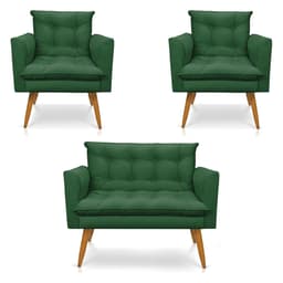 Kit 2 Poltronas e Namoradeira 2 Lugares Olivia Suede Verde Pés Palito Castanho - Pallazio
