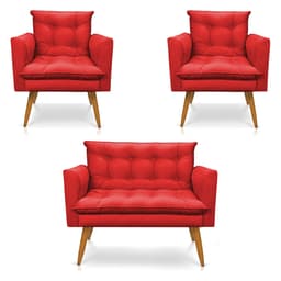 Kit 2 Poltronas e Namoradeira 2 Lugares Olivia Suede Vermelho Pés Palito Castanho - Pallazio