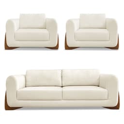 Kit 2 Poltronas e Sofá Living 2 Lugares 1,60m Lottus Linho Natural Pés Castanho - Pallazio