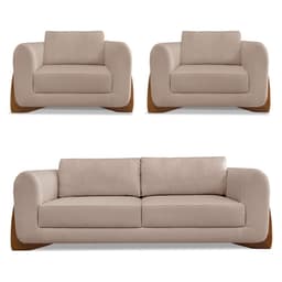 Kit 2 Poltronas e Sofá Living 2 Lugares 1,80m Lottus Linho Areia Pés Castanho - Pallazio