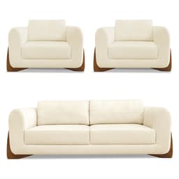 Kit 2 Poltronas e Sofá Living 2 Lugares 1,80m Lottus Linho Bege Pés Castanho - Pallazio