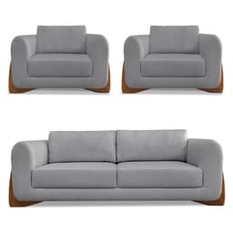 Kit 2 Poltronas e Sofá Living 2 Lugares 1,80m Lottus Linho Grafite Pés Castanho - Pallazio