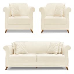 Kit 2 Poltronas e Sofá Living 2 Lugares 1,80m Vênus Linho Bege Pés Castanho - Pallazio