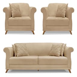 Kit 2 Poltronas e Sofá Living 2 Lugares 1,80m Vênus Linho Dourado Pés Castanho - Pallazio