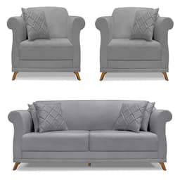 Kit 2 Poltronas e Sofá Living 2 Lugares 1,80m Vênus Linho Grafite Pés Castanho - Pallazio
