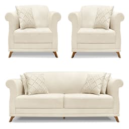 Kit 2 Poltronas e Sofá Living 2 Lugares 1,80m Vênus Linho Natural Pés Castanho - Pallazio
