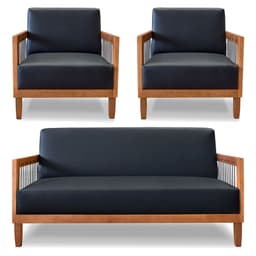 Kit 2 Poltronas e Sofá Living 2 Lugares Marilia 1,60m Corano Preto Base em Madeira Castanho - Pallazio