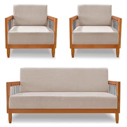 Kit 2 Poltronas e Sofá Living 2 Lugares Marilia 1,60m Linho Areia Base em Madeira Castanho - Pallazio