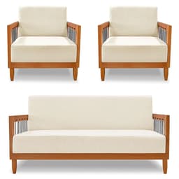 Kit 2 Poltronas e Sofá Living 2 Lugares Marilia 1,60m Linho Bege Base em Madeira Castanho - Pallazio