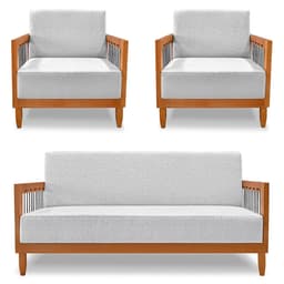 Kit 2 Poltronas e Sofá Living 2 Lugares Marilia 1,60m Linho Cinza Base em Madeira Castanho - Pallazio