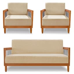 Kit 2 Poltronas e Sofá Living 2 Lugares Marilia 1,60m Linho Dourado Base em Madeira Castanho - Pallazio