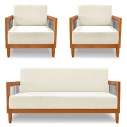 Kit 2 Poltronas e Sofá Living 2 Lugares Marilia 1,60m Linho Natural Base em Madeira Castanho - Pallazio