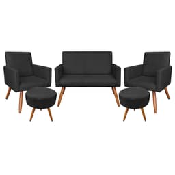 Kit Namoradeira 2 Poltronas e 2 Puffs Redondo Nina Suede Preto Pés Palito Castanho - Pallazio