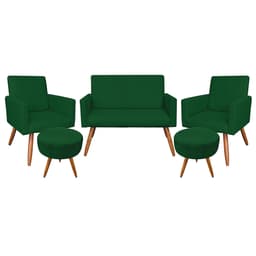 Kit Namoradeira 2 Poltronas e 2 Puffs Redondo Nina Suede Verde Pés Palito Castanho - Pallazio