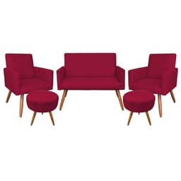 Kit Namoradeira 2 Poltronas e 2 Puffs Redondo Nina Suede Vermelho Pés Palito Castanho - Pallazio