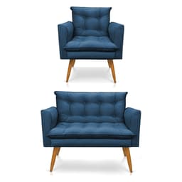 Kit Poltrona e Namoradeira 2 Lugares Olivia Suede Azul Marinho Pés Palito Castanho - Pallazio
