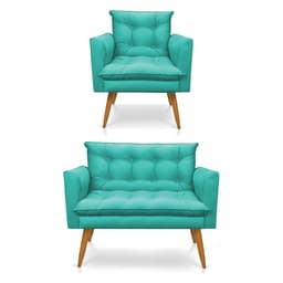 Kit Poltrona e Namoradeira 2 Lugares Olivia Suede Azul Turquesa Pés Palito Castanho - Pallazio