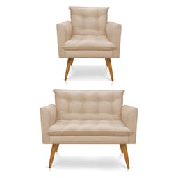 Kit Poltrona e Namoradeira 2 Lugares Olivia Suede Bege Pés Palito Castanho - Pallazio