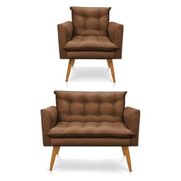 Kit Poltrona e Namoradeira 2 Lugares Olivia Suede Marrom Pés Palito Castanho - Pallazio